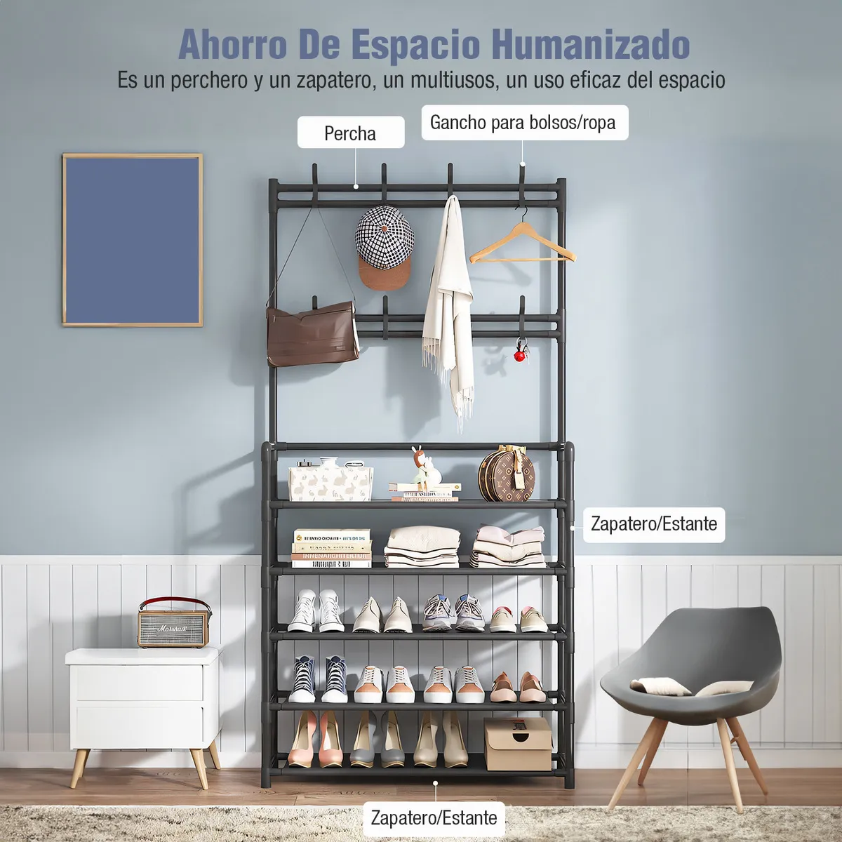 Zapatero Perchero Organizador Metálico Multifuncional de 5 Niveles con 8 Ganchos Color Negro