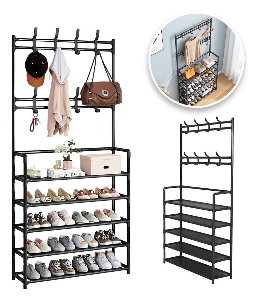 Zapatero Perchero Organizador Metálico Multifuncional de 5 Niveles con 8 Ganchos Color Negro