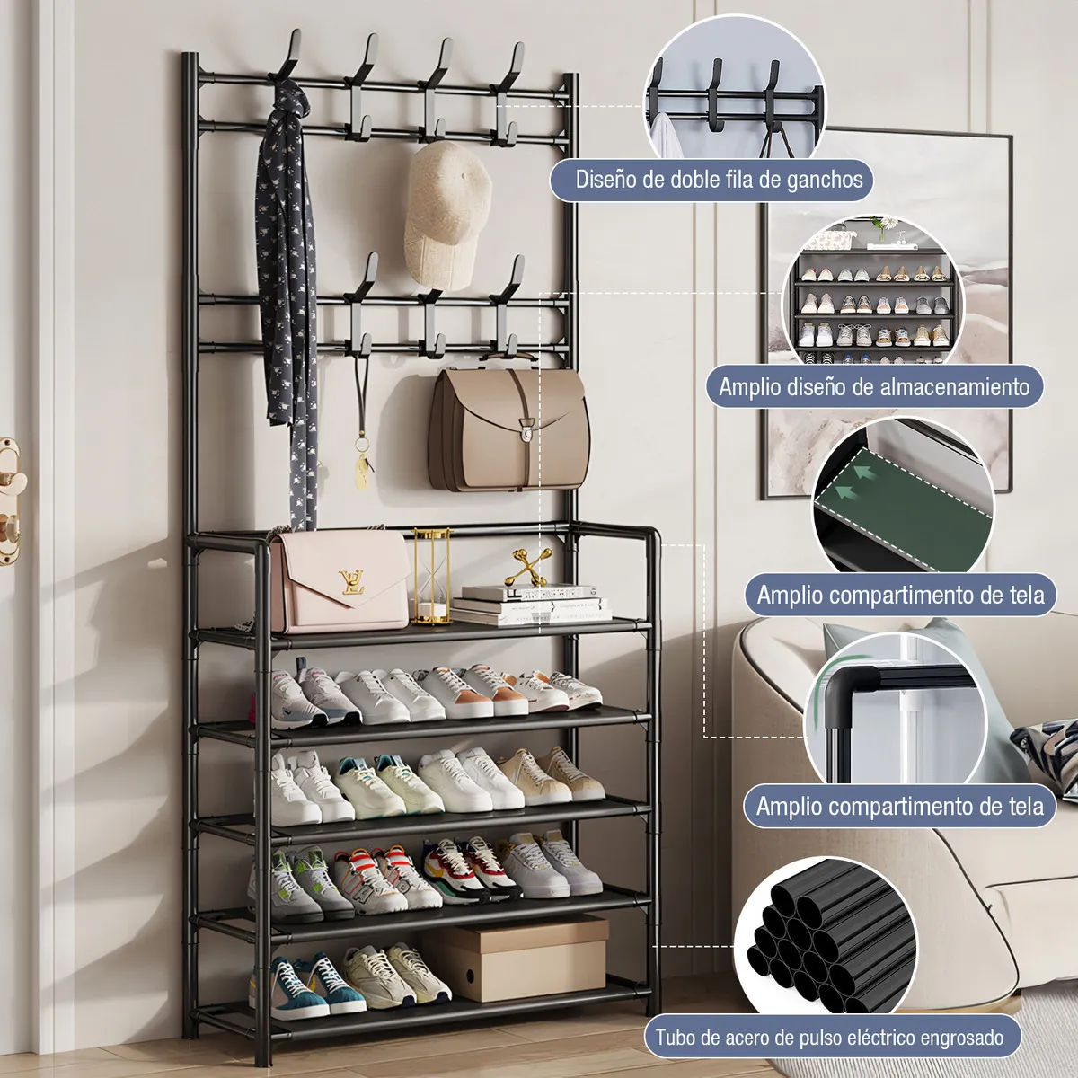 Zapatero Perchero Organizador Metálico Multifuncional de Niveles