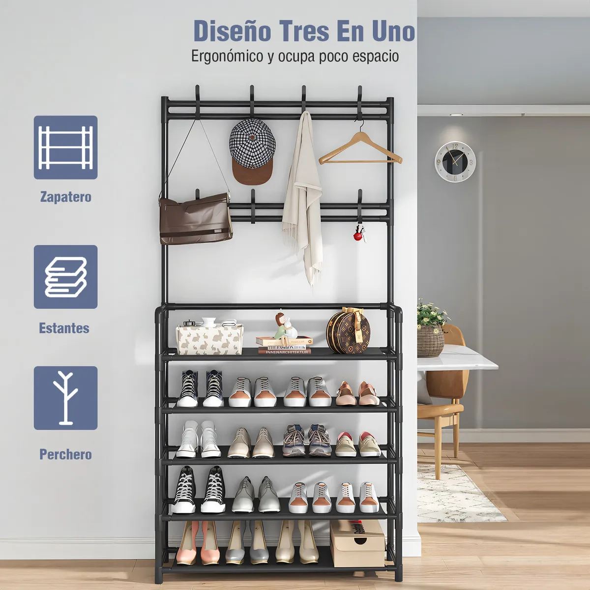 Zapatero Perchero Organizador Metálico Multifuncional de 5 Niveles con 8 Ganchos Color Negro