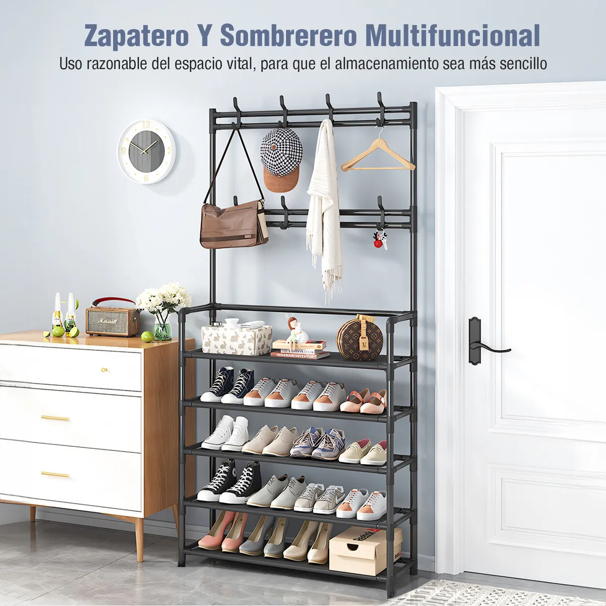 Zapatero Perchero Organizador Metálico Multifuncional de 5 Niveles con 8 Ganchos Color Negro