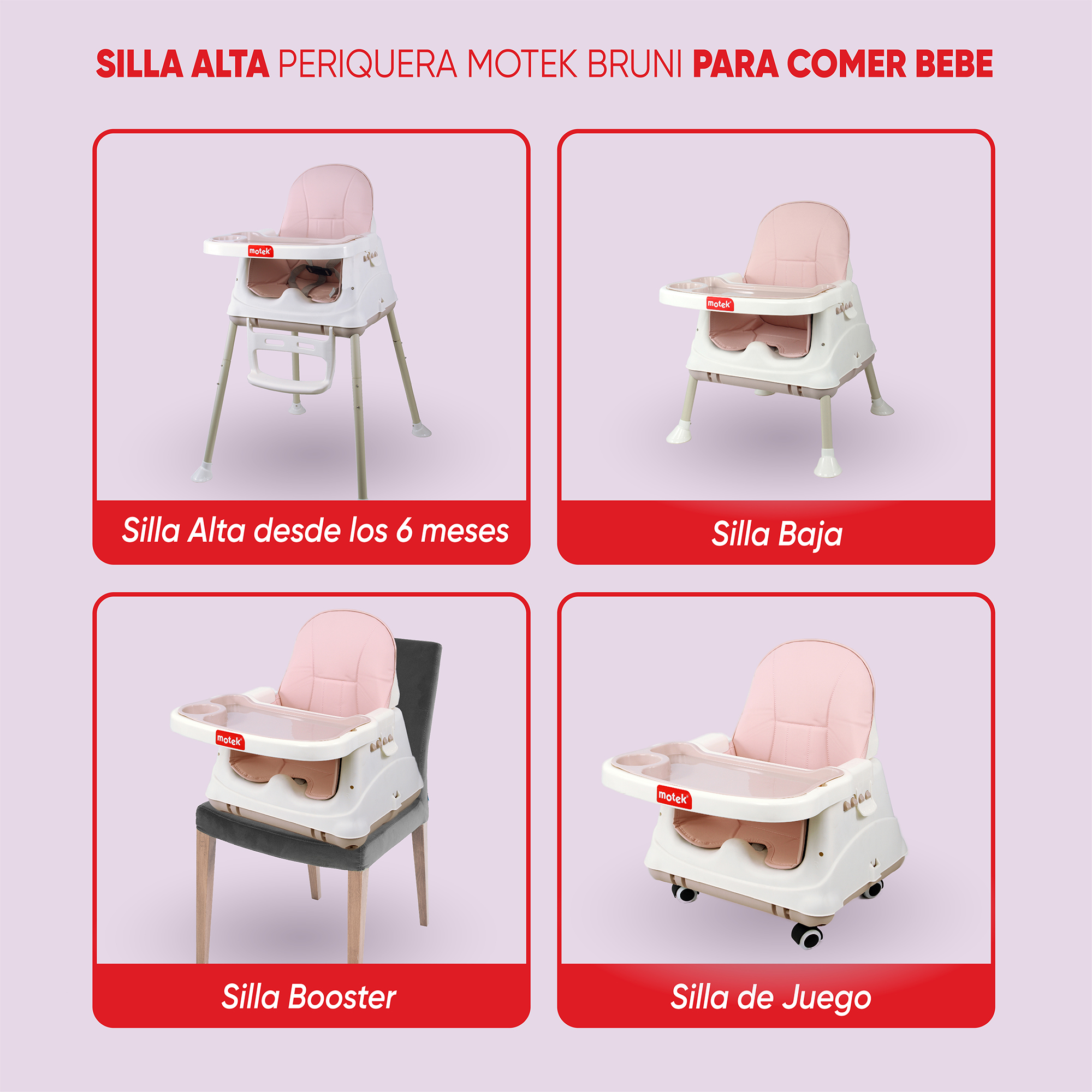 Silla Alta Periquera Motek Bruni 4 en 1 Comer Bebe