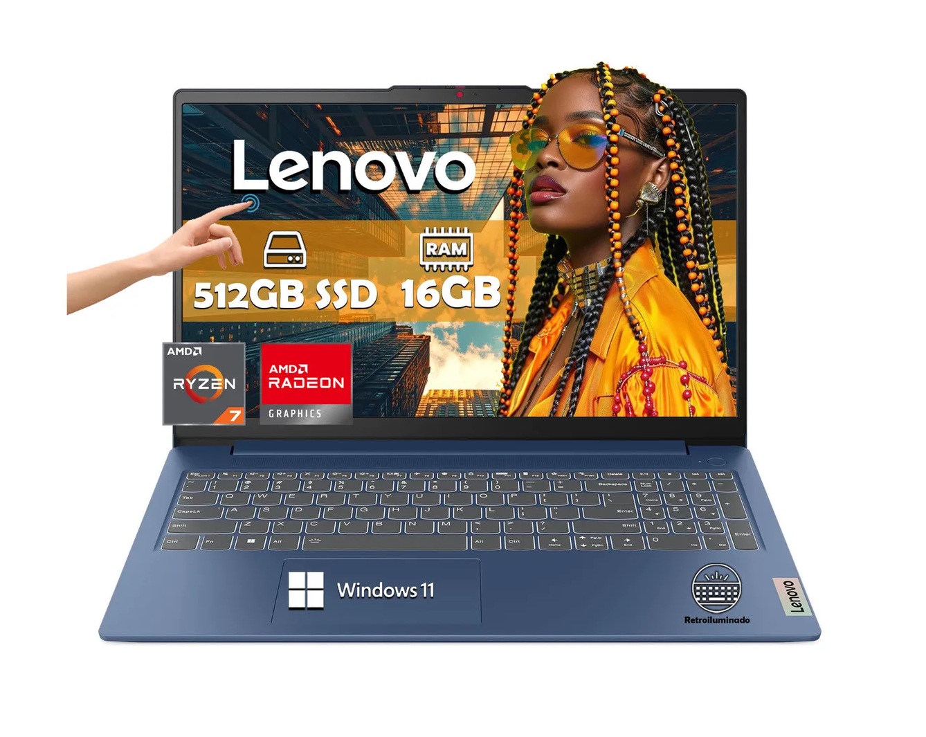 Laptop Lenovo AMD Ryzen 7-7730u 16gb RAM 512gb SSD 15,6'' Tactil Win 11 Color Azul