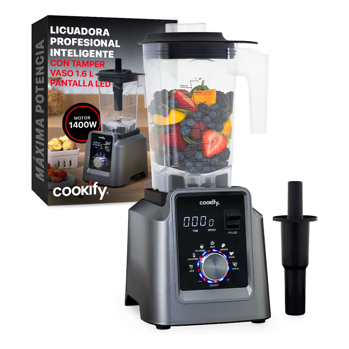 Licuadora Profesional Para Uso Rudo Digital De 1.6 L + Tamper Cookify.