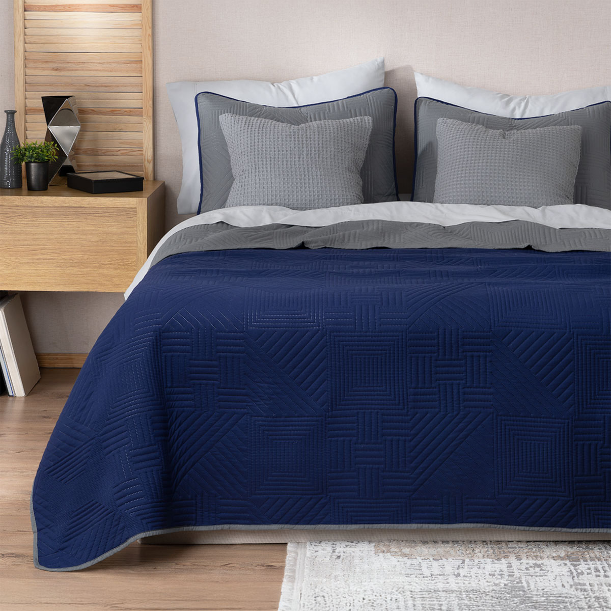 Edredón Ligero Matrimonial Doble Vista con Fundas Azul Marino - Gris Oscuro REAL TEXTIL.