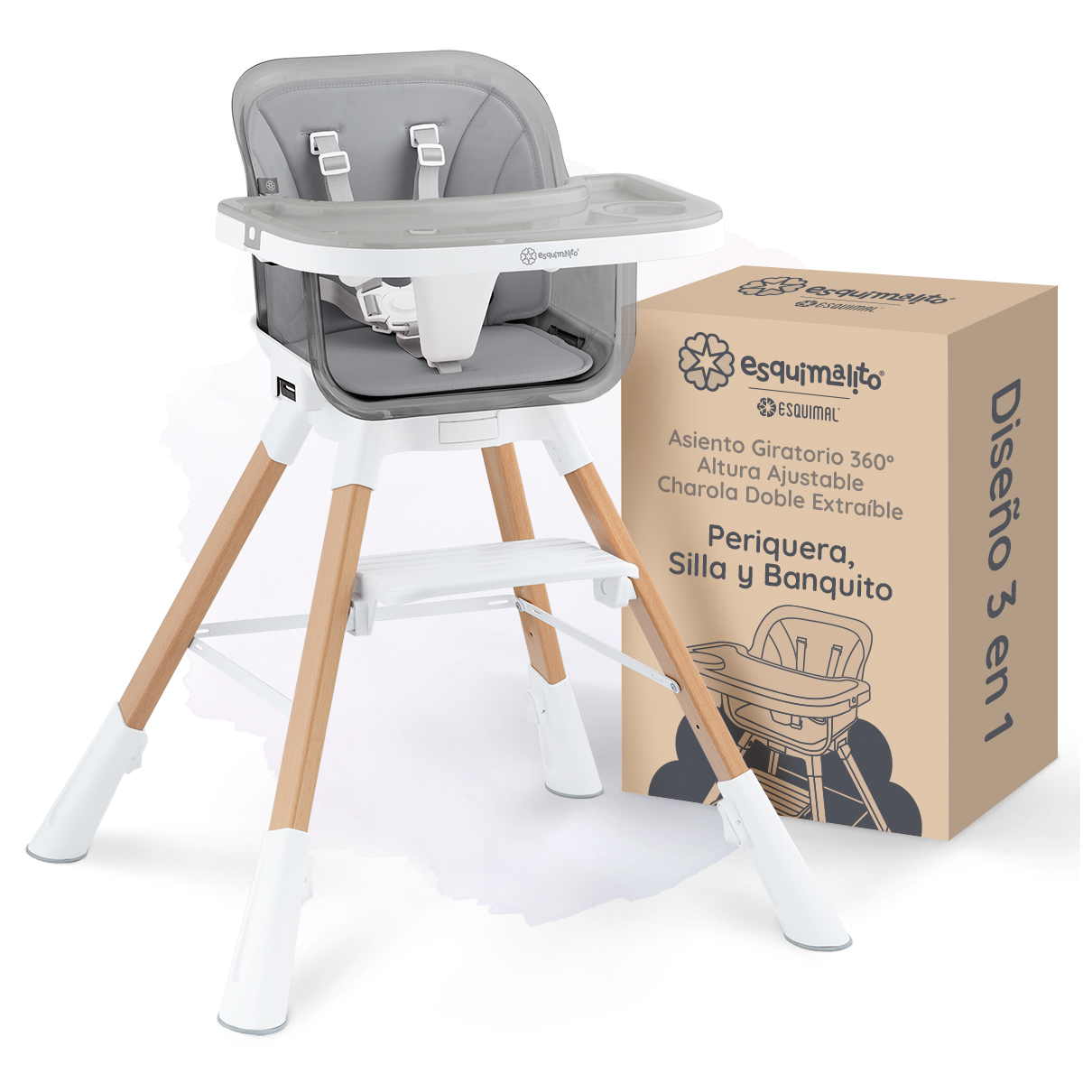 Periquera para Bebé 3 en 1, Silla Alta con Charola Desmontable, Asiento 360°, Altura Ajustable, Color Gris Esquimal