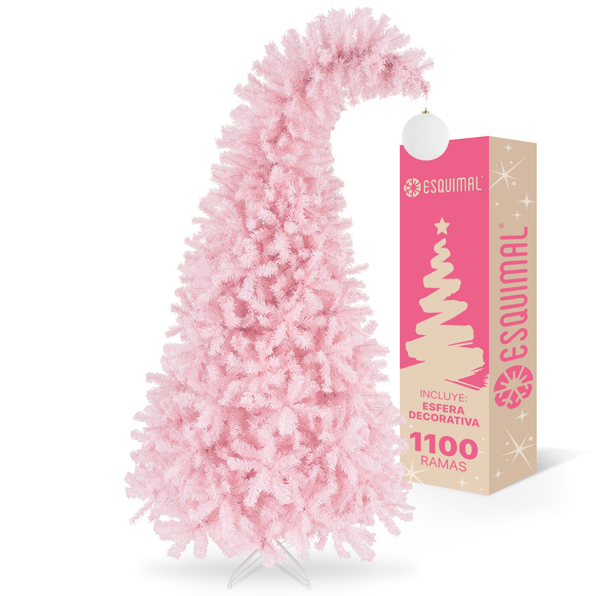  Árbol de Navidad Gorro de Santa Punta Flexible con Esfera 1.8m 1110 Ramas para Temporada Navideña Rosa ESQUIMAL