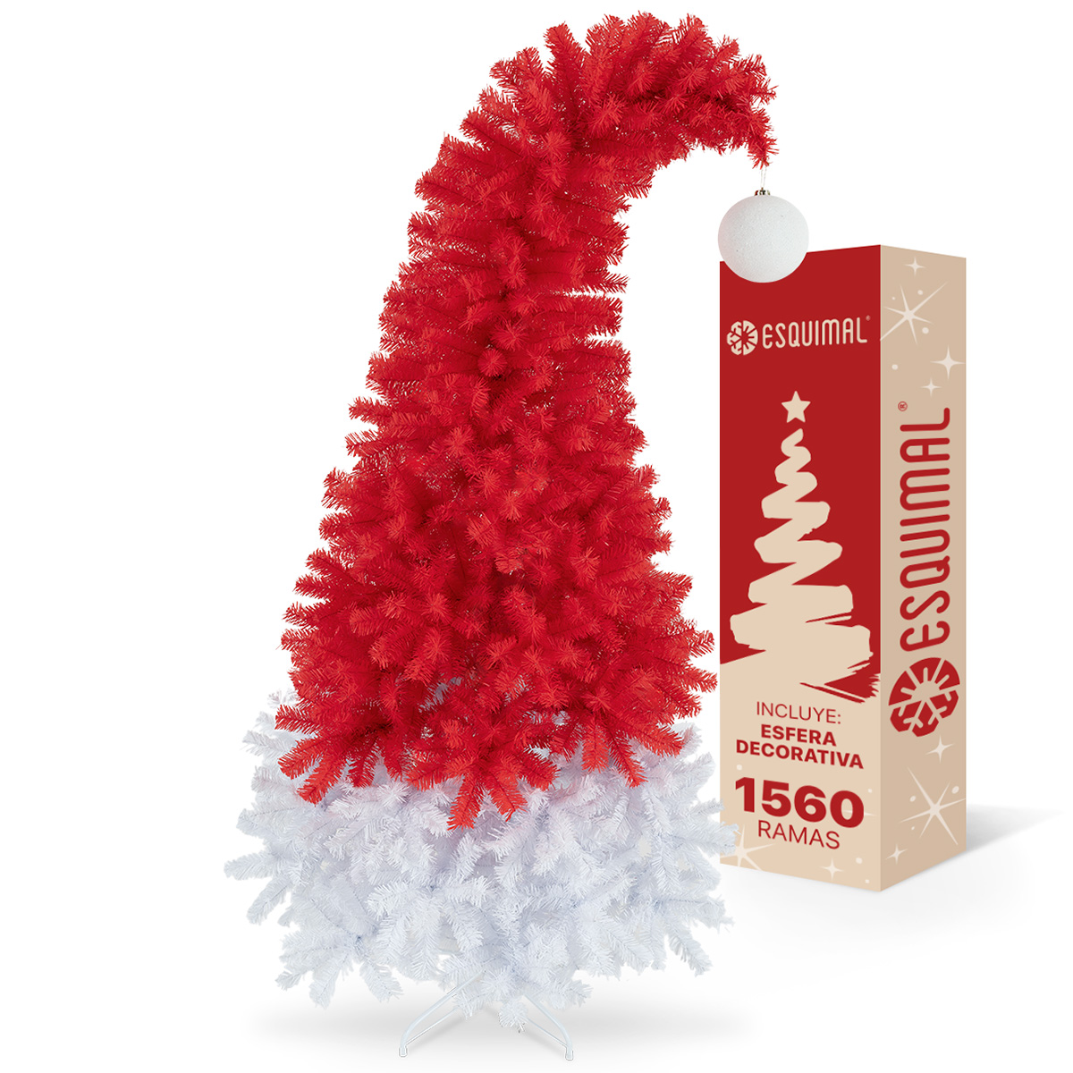 Árbol de Navidad Gorro de Santa Punta Flexible con Esfera 2.1m 1560 Ramas para Temporada Navideña Rojo/Blanco ESQUIMAL