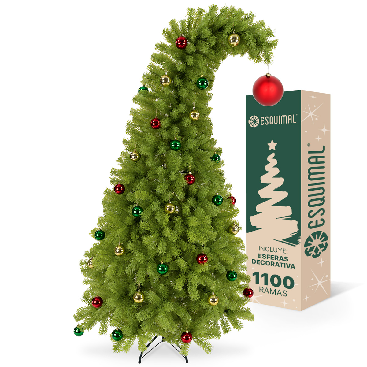 Árbol de Navidad Gorro de Santa Punta Flexible con Esferas 1.8m 1110 Ramas para Temporada Navideña Verde ESQUIMAL