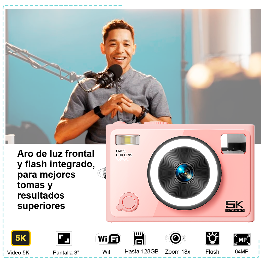 Camara digital VAK F3L 5k Selfie cam aro luz wifi 64mp