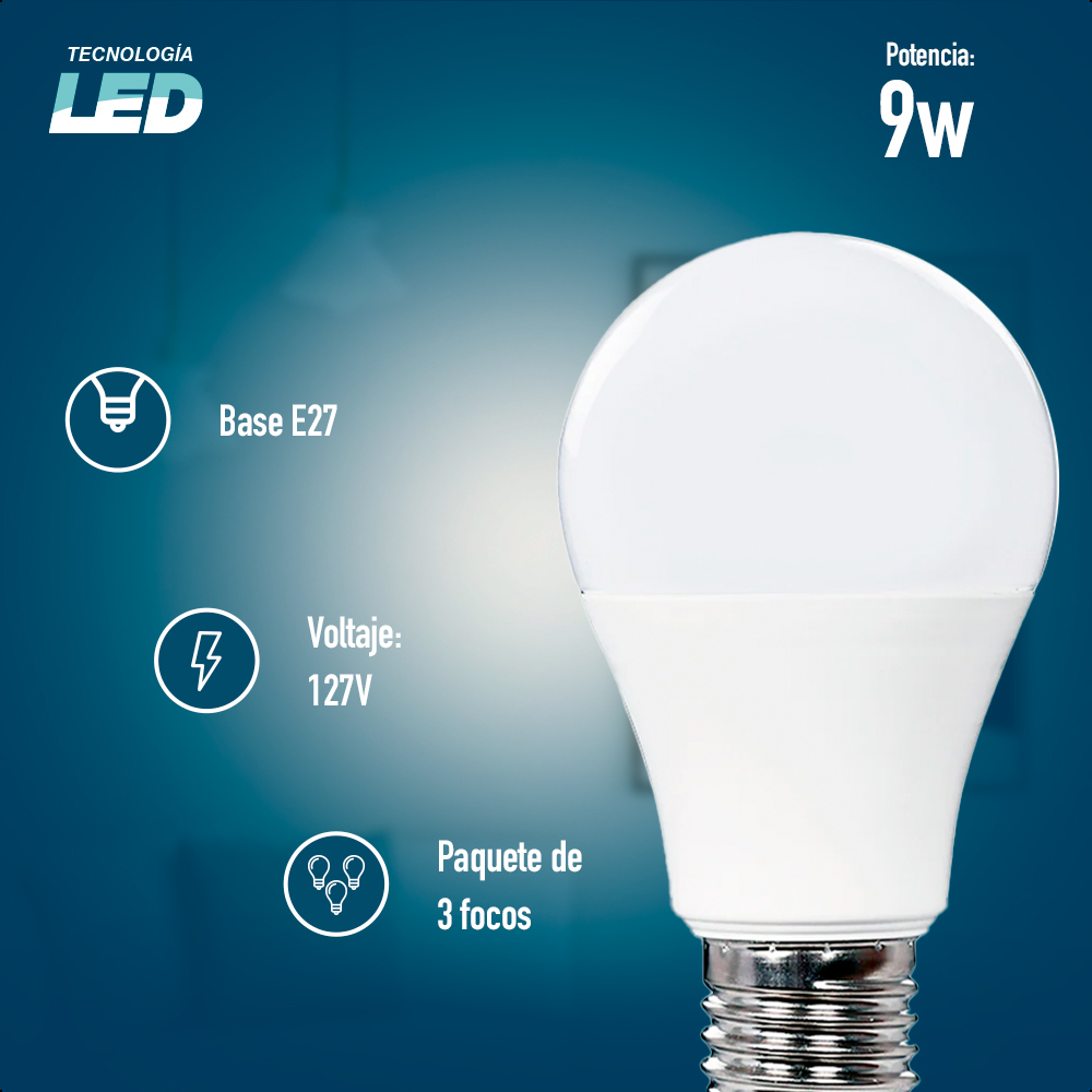 ICON  Focos Led 9W Luz Blanca Paquete 3 Piezas