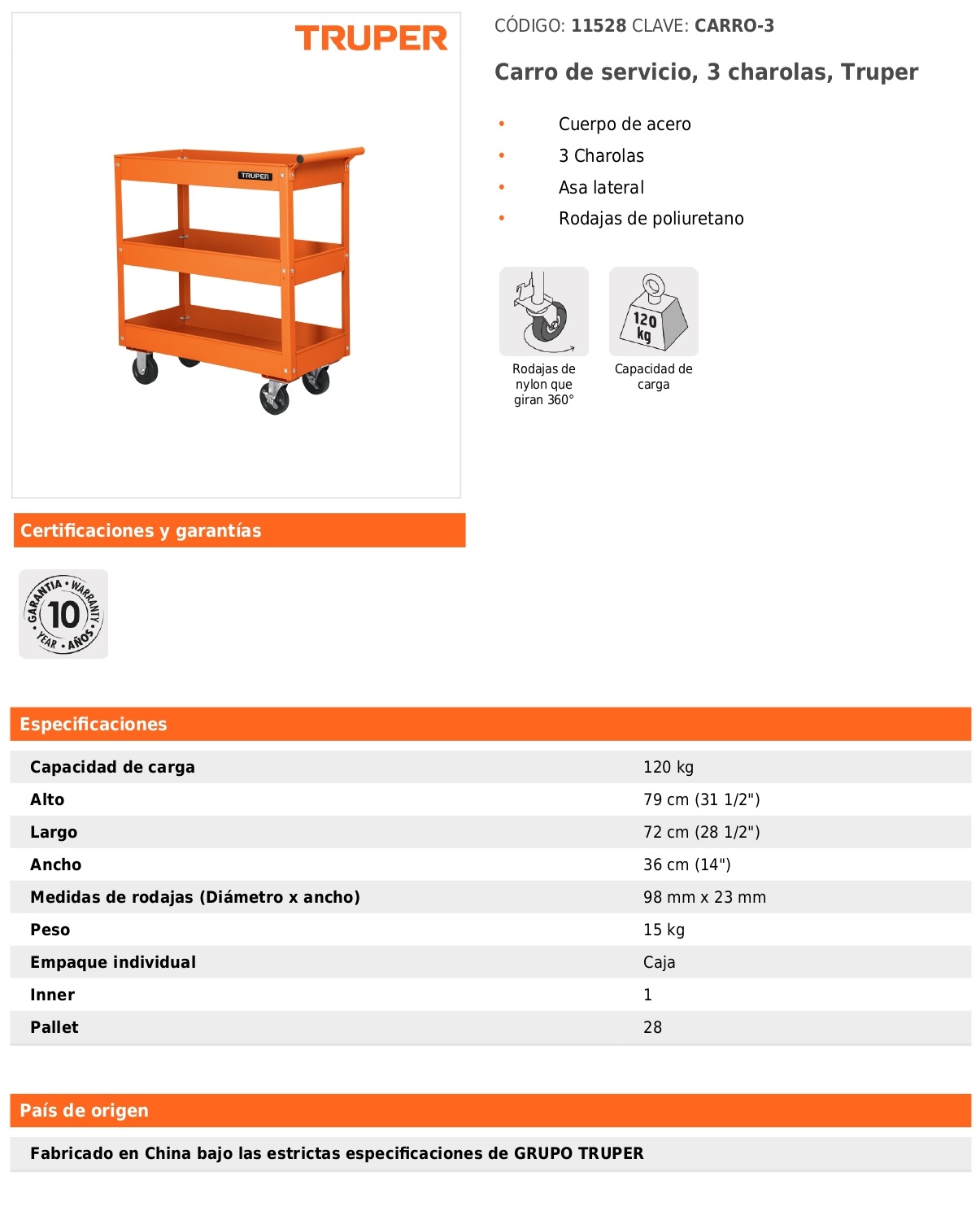 Carro de servicio, 3 charolas, Truper