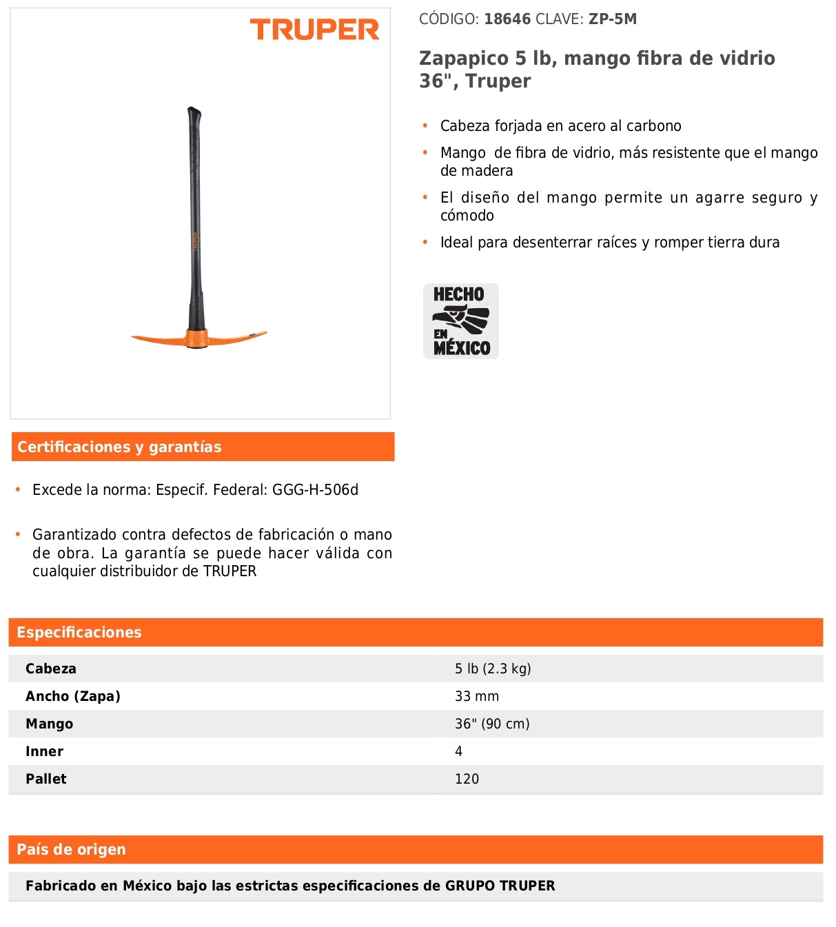 ZAPAPICO 5 LBS MANGO DE FIBRA DE VIDRIO 36" PARA JARDIN TRUPER 
