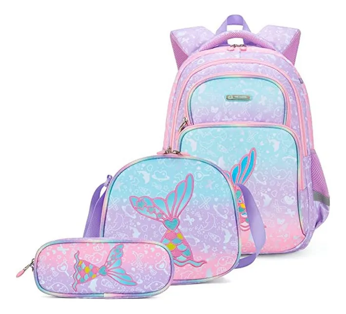 Juego De Mochila Con Lonchera Y Lapicera De Sirena Para Niña