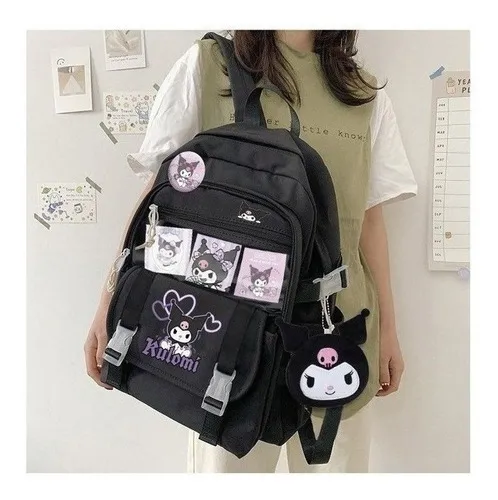 Mochila Escolar Estilo Coreano Kawaii Sanrio Kuromi Color Negro