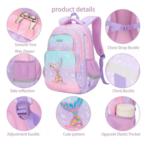 Juego De Mochila Con Lonchera Y Lapicera De Sirena Para Niña