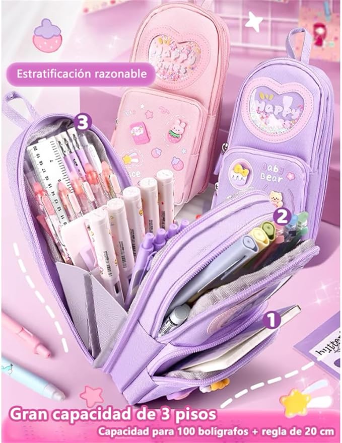 Estuchera morada de gran capacidad de 3 cierres