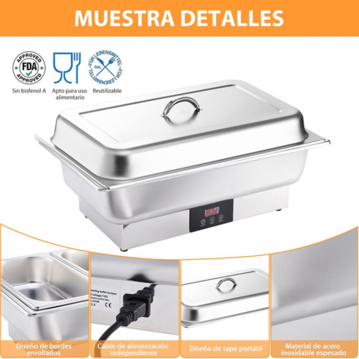 Bufetera Electrico Caliente Acero Inoxidable 3espacio 600w9l Plta 