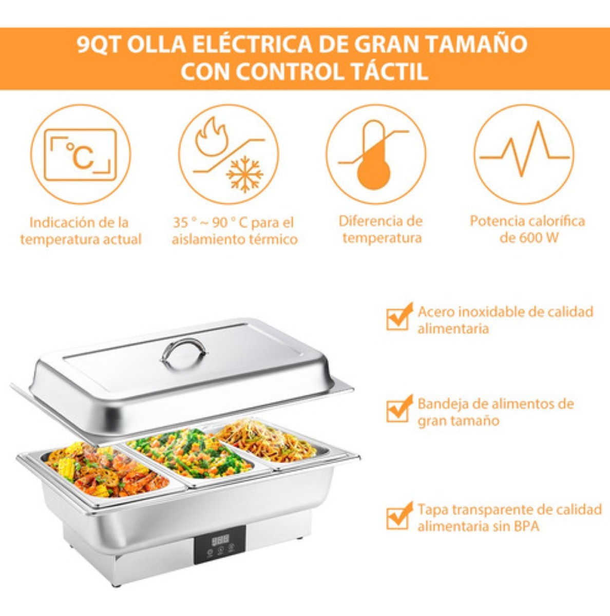 Bufetera Electrico Caliente Acero Inoxidable 3espacio 600w9l Plta 