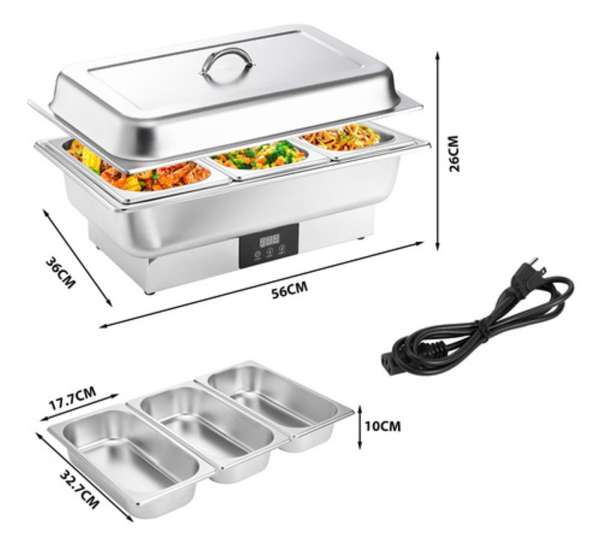 Bufetera Electrico Caliente Acero Inoxidable 3espacio 600w9l Plta 