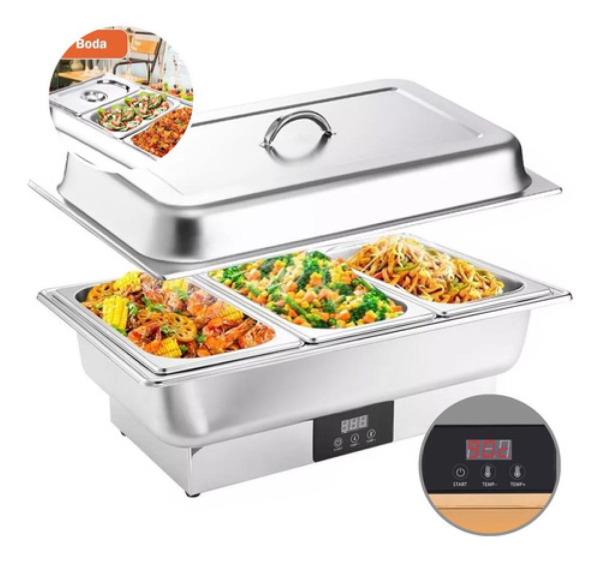 Bufetera Electrico Caliente Acero Inoxidable 3espacio 600w9l Plta 