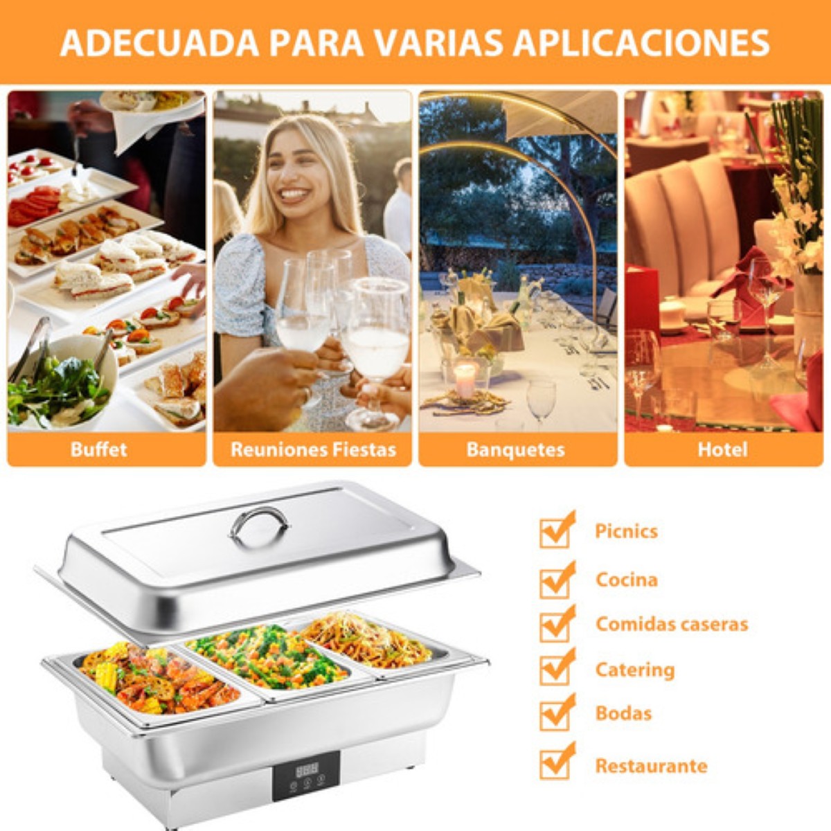 Bufetera Electrico Caliente Acero Inoxidable 3espacio 600w9l Plta 