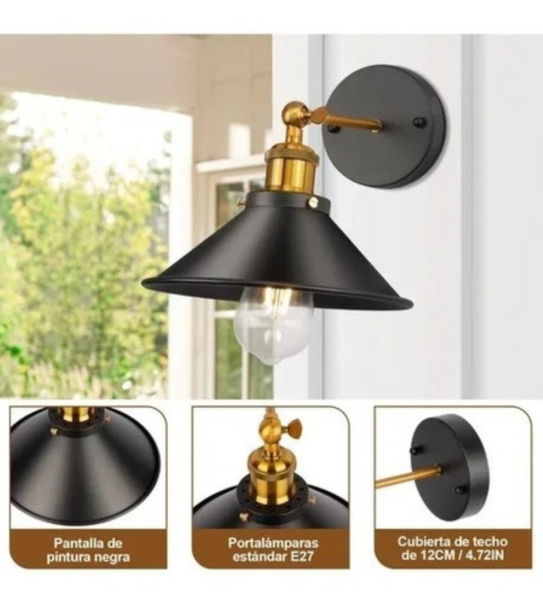 Lampara De Pared Interior Vintage E26 3 Piezas Negro 