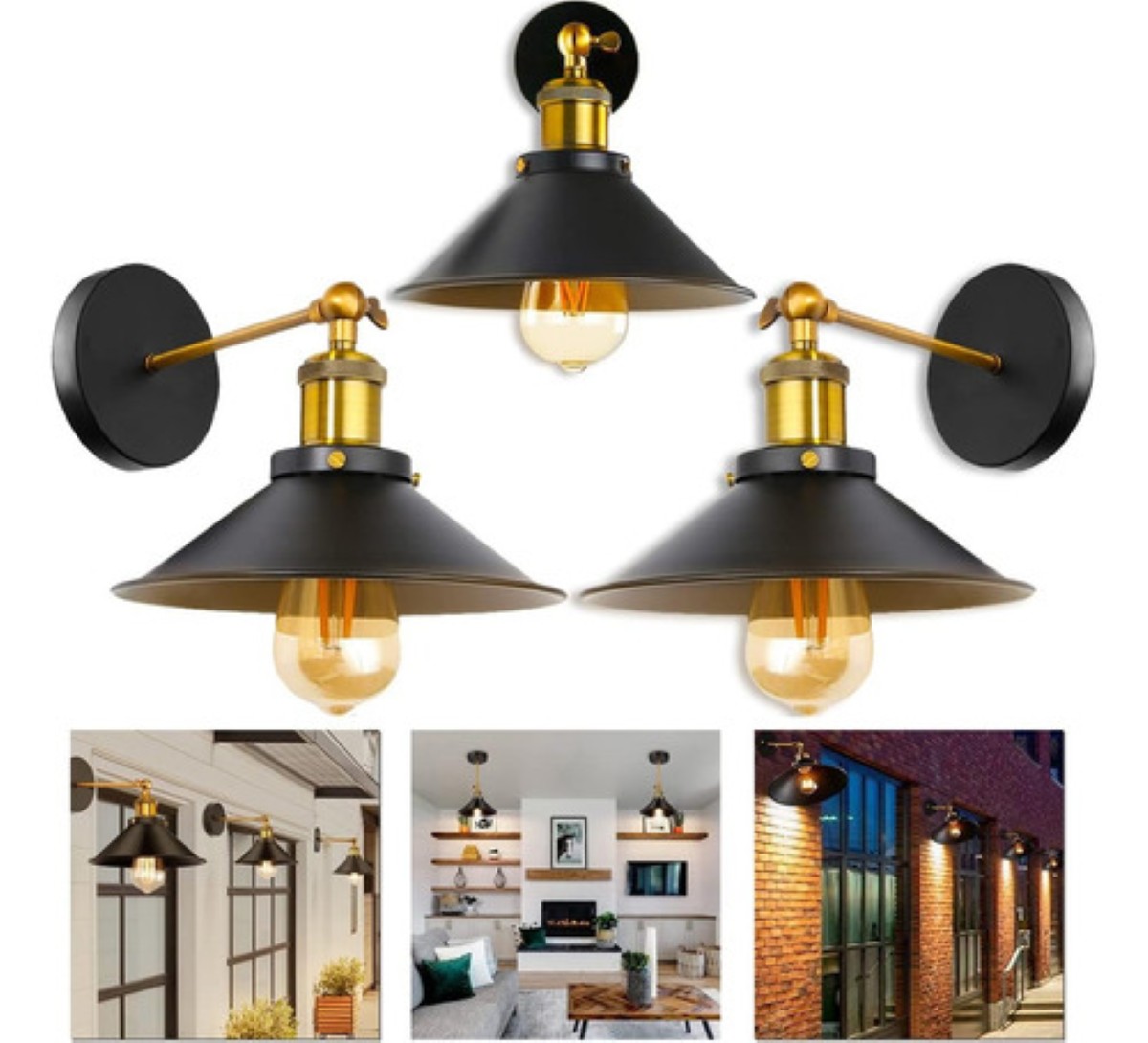 Lampara De Pared Interior Vintage E26 3 Piezas Negro 