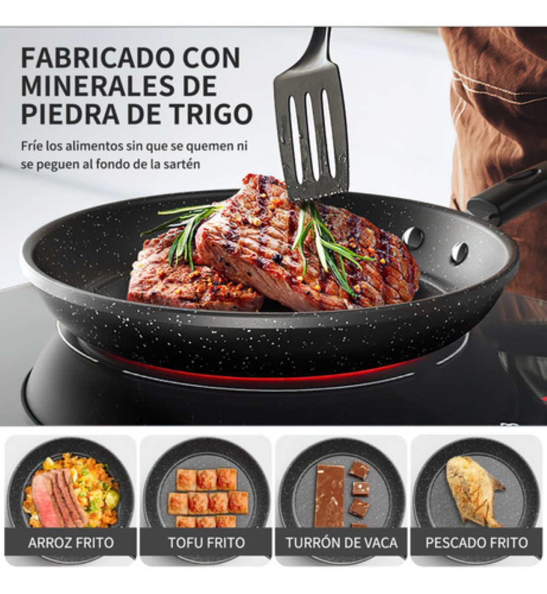Sartén Antiadherente De Hierro Fundido Fino De 28 Cm C/tapa Negro 