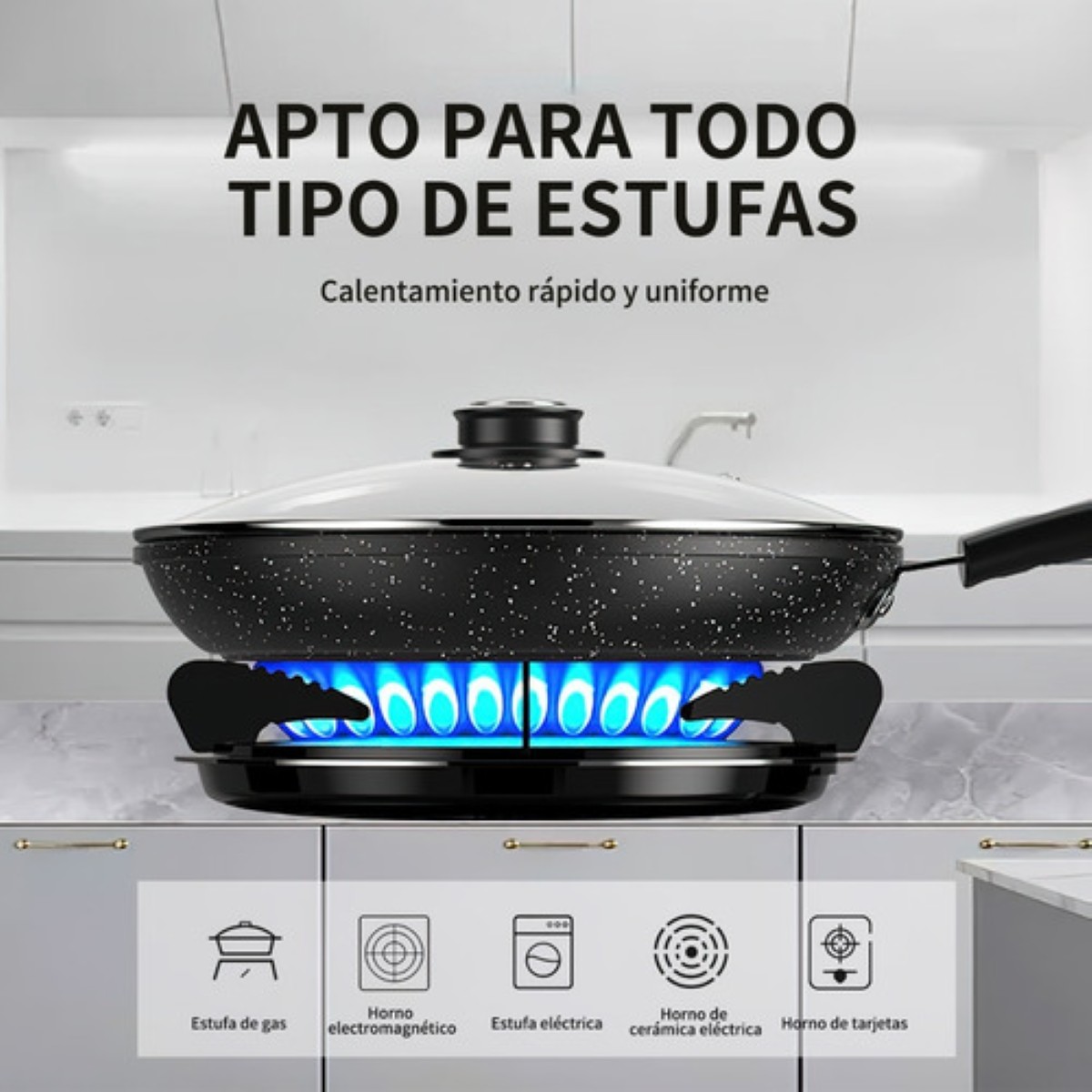 Sartén Antiadherente De Hierro Fundido Fino De 28 Cm C/tapa Negro 
