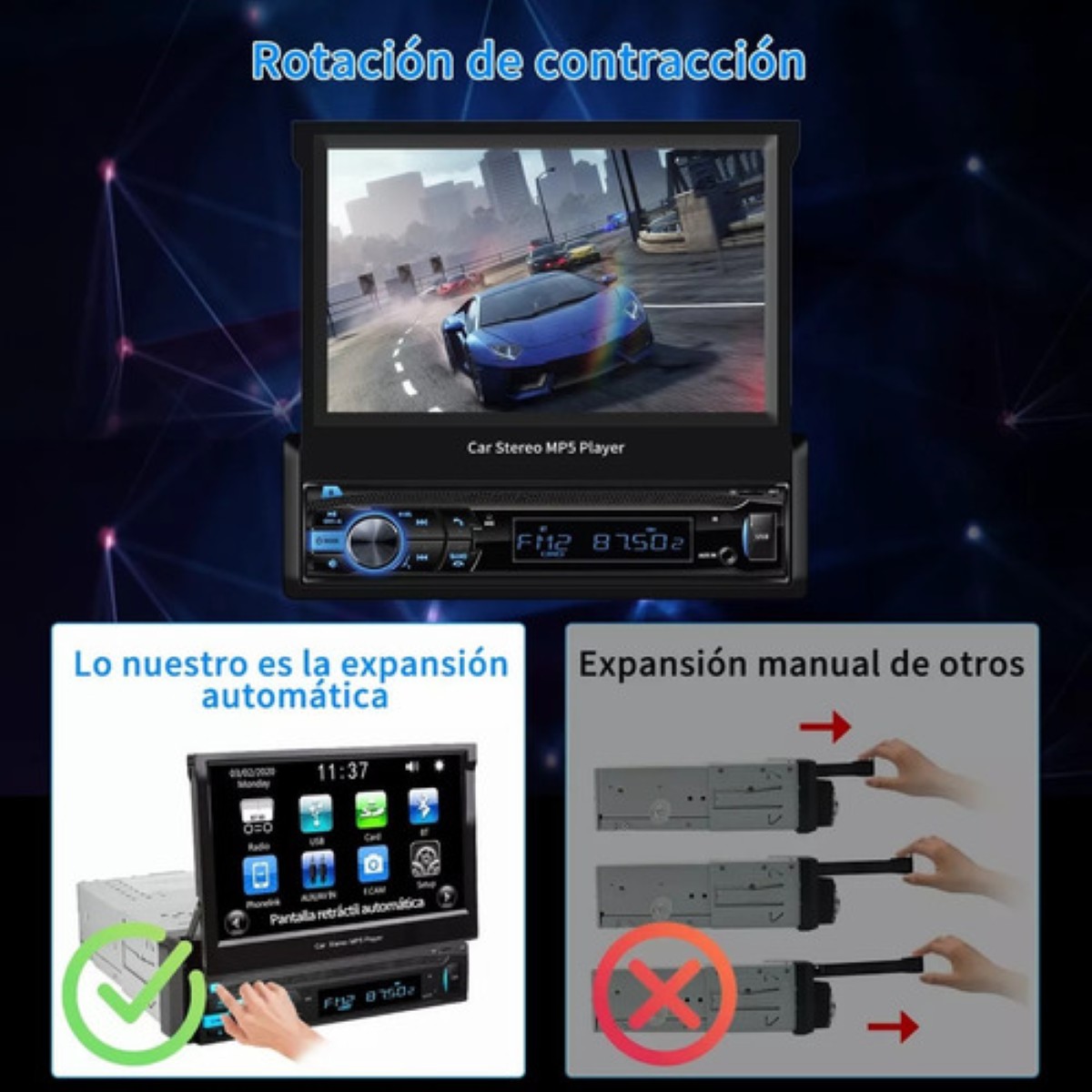 Autoestéreo con pantalla Retráctil Hd Estéreo Negro Led Azul