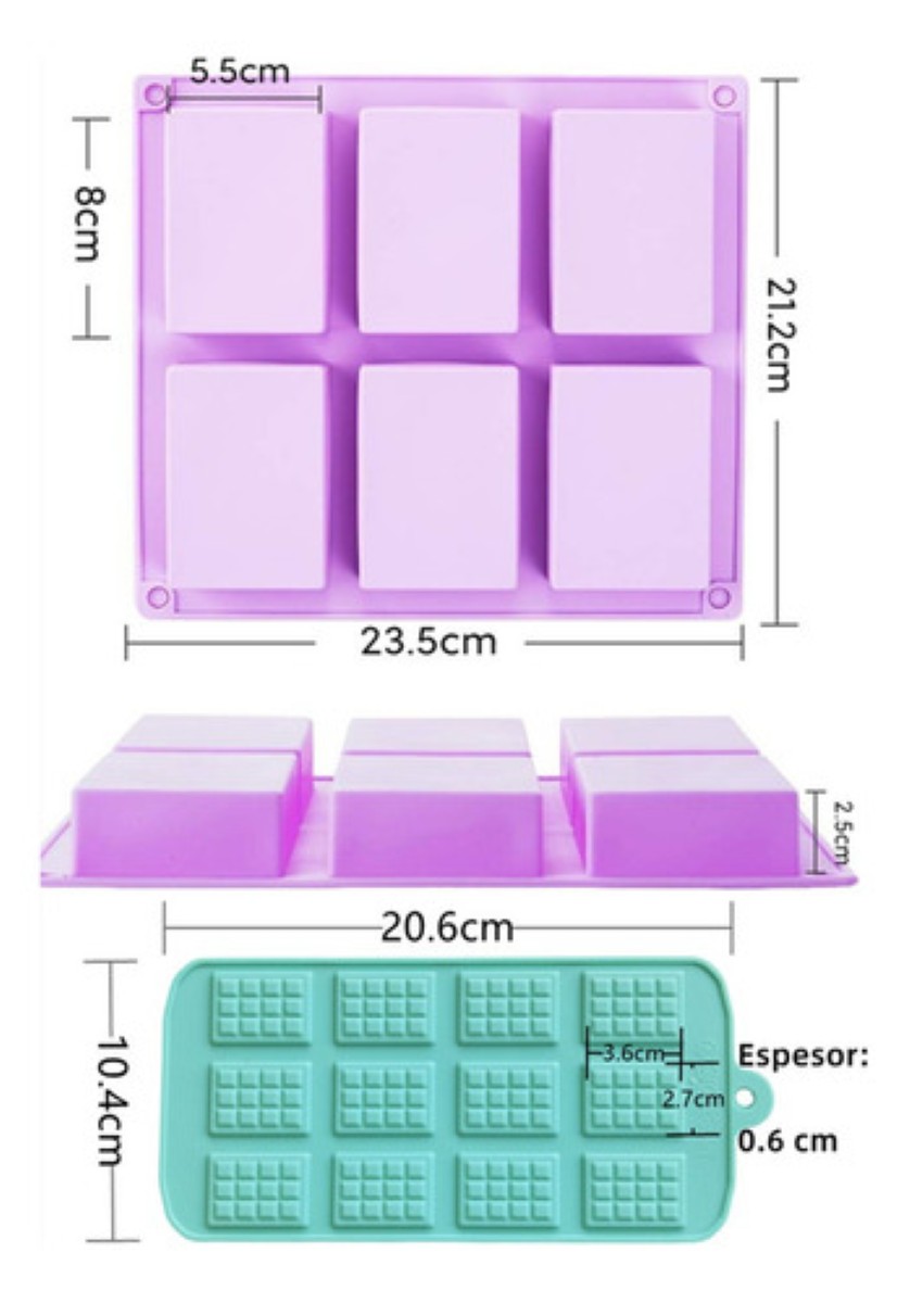 Moldes de Silicon Rectangulares 6 Cavidades Jabones,repostería 4 piezas Morada Azul Verde Rosa