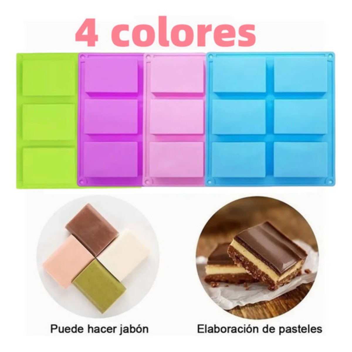 Moldes de Silicon Rectangulares 6 Cavidades Jabones,repostería 4 piezas Morada Azul Verde Rosa