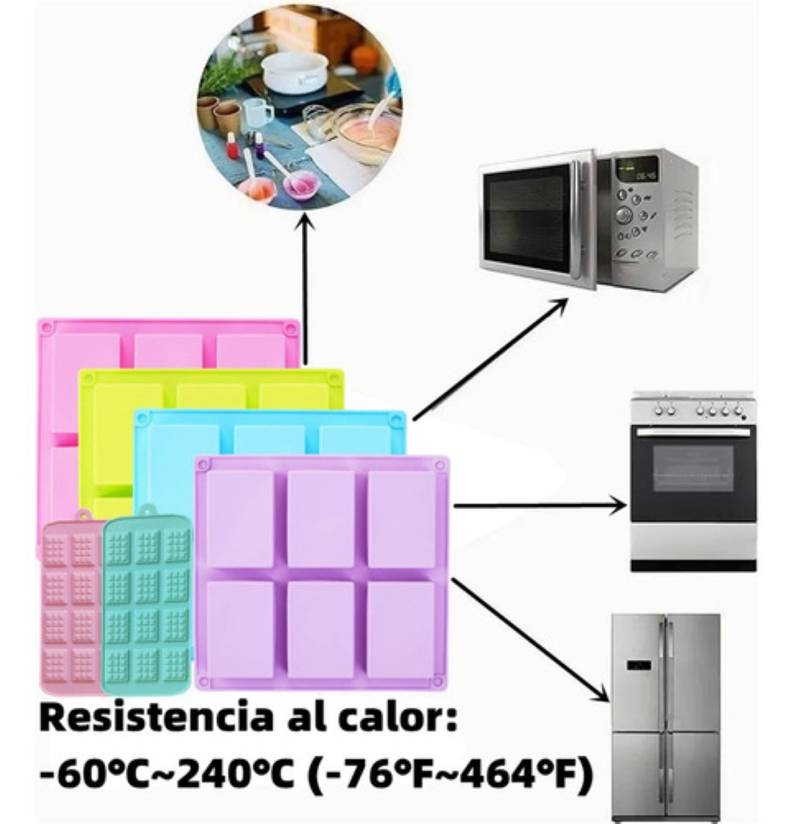 Moldes de Silicon Rectangulares 6 Cavidades Jabones,repostería 4 piezas Morada Azul Verde Rosa