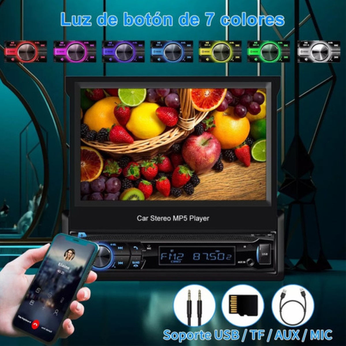 Autoestéreo con pantalla Retráctil Hd Estéreo Negro Led Azul