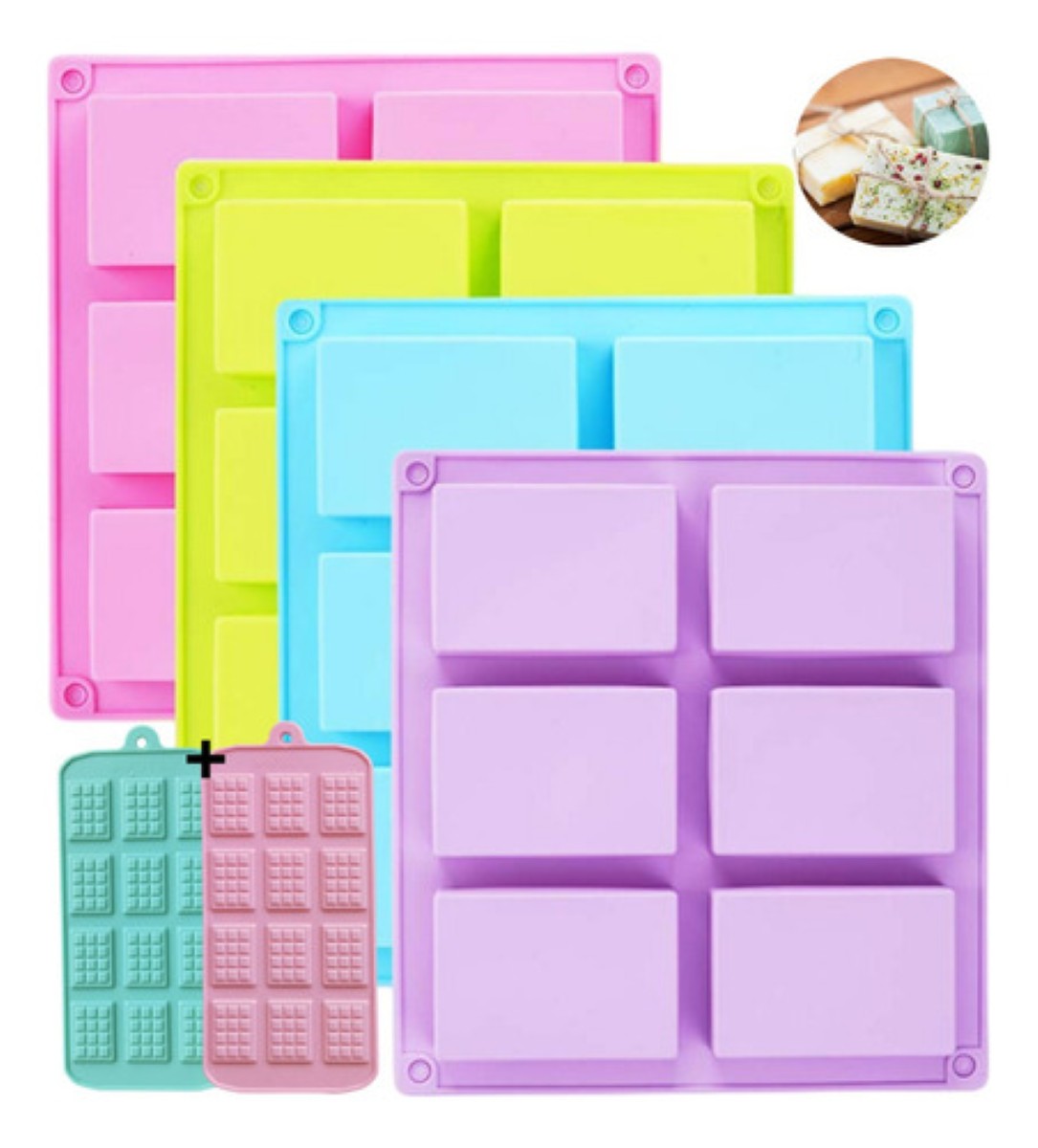 Moldes de Silicon Rectangulares 6 Cavidades Jabones,repostería 4 piezas Morada Azul Verde Rosa