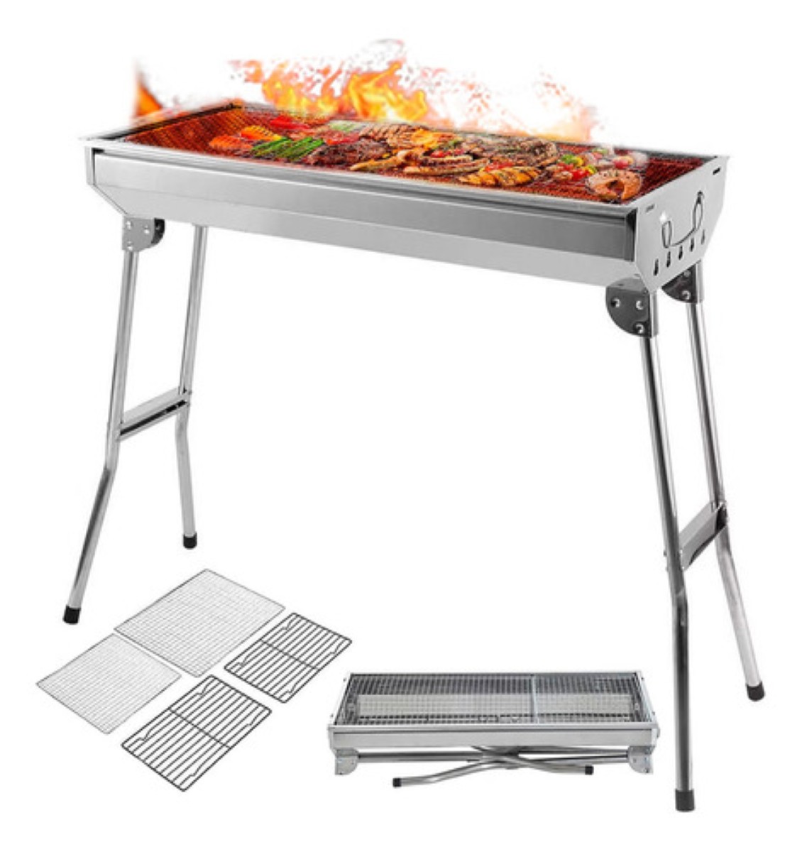 Parrilla Asador De Carbon Portatil Plegable Acero Inoxidable Plateado