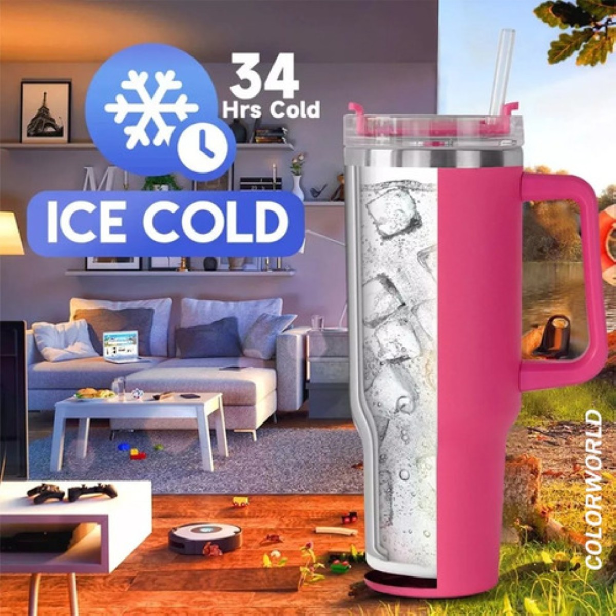 Vaso Térmico Portátil De Acero Inoxidable Con Popote Rosa