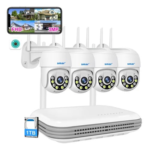 Smar Kit de 4 Cámaras de Seguridad Video vigilancia Wifi 3mp Disco 1tb Voz bidireccional 