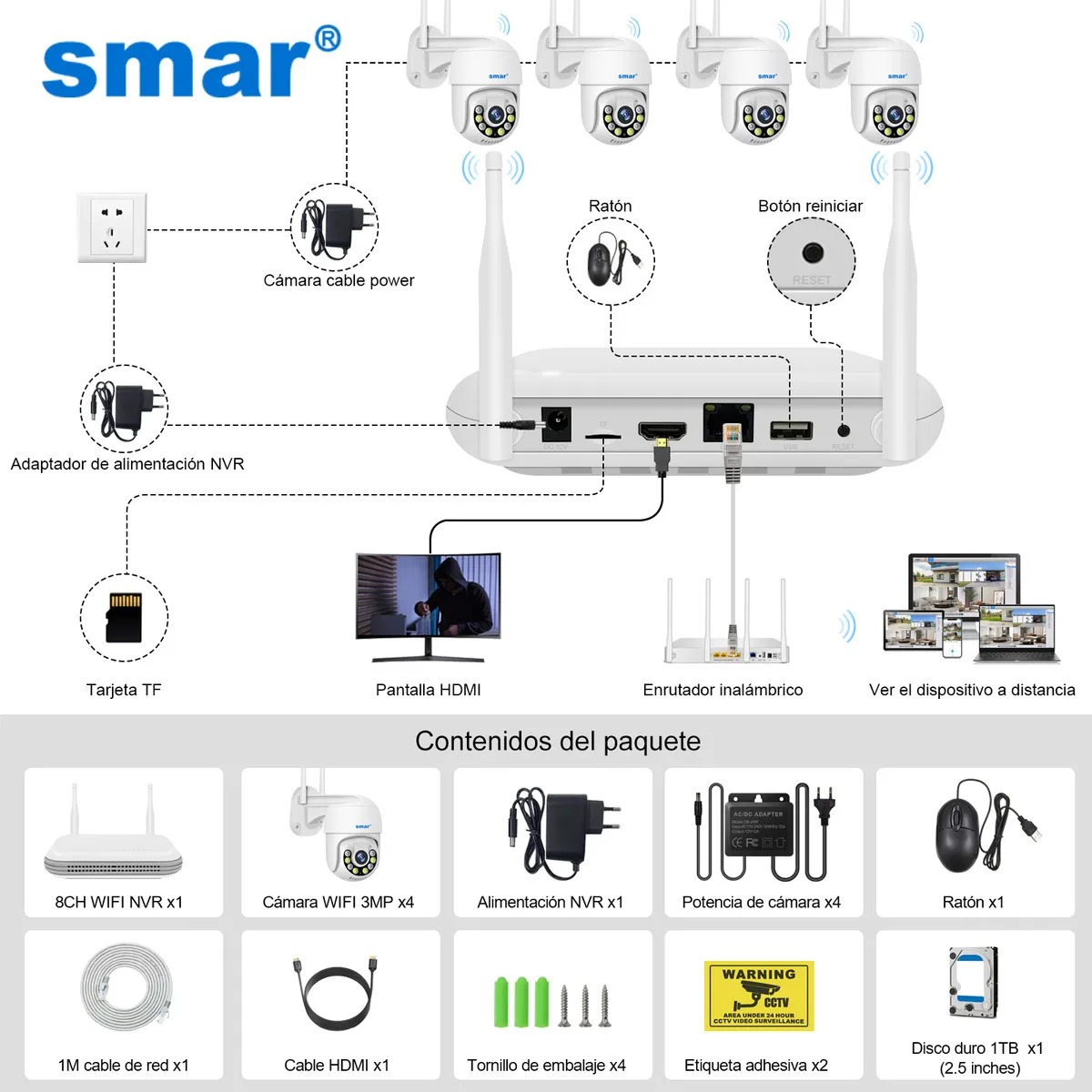 Smar Kit de 4 Cámaras de Seguridad Video vigilancia Wifi 3mp Disco 1tb Voz bidireccional 