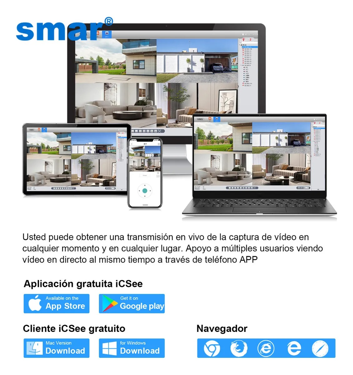 Smar Kit de 4 Cámaras de Seguridad Video vigilancia Wifi 3mp Disco 1tb Voz bidireccional 