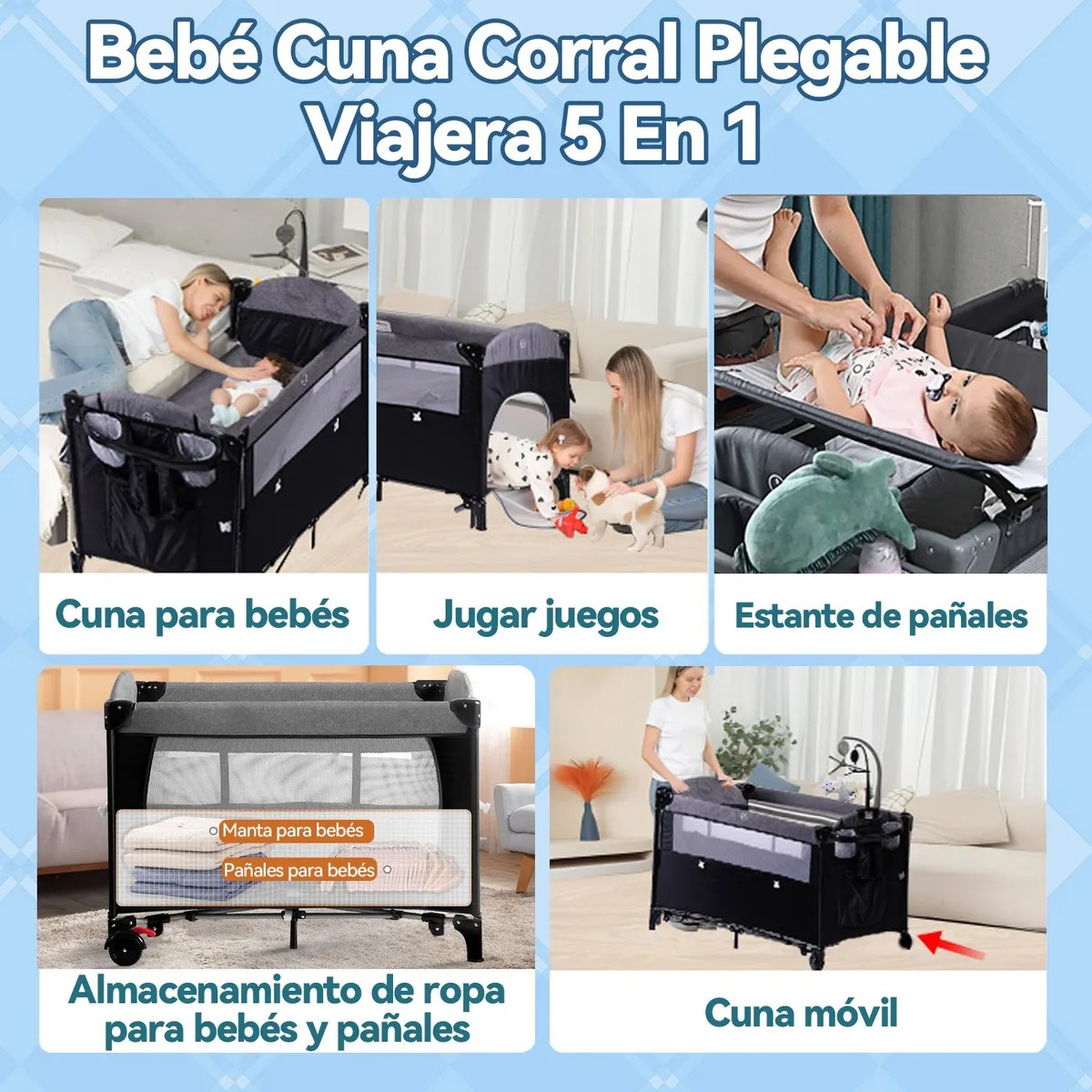 Cuna Corral Plegable Viajero Bebé 5 En 1 Cambiador Exterior