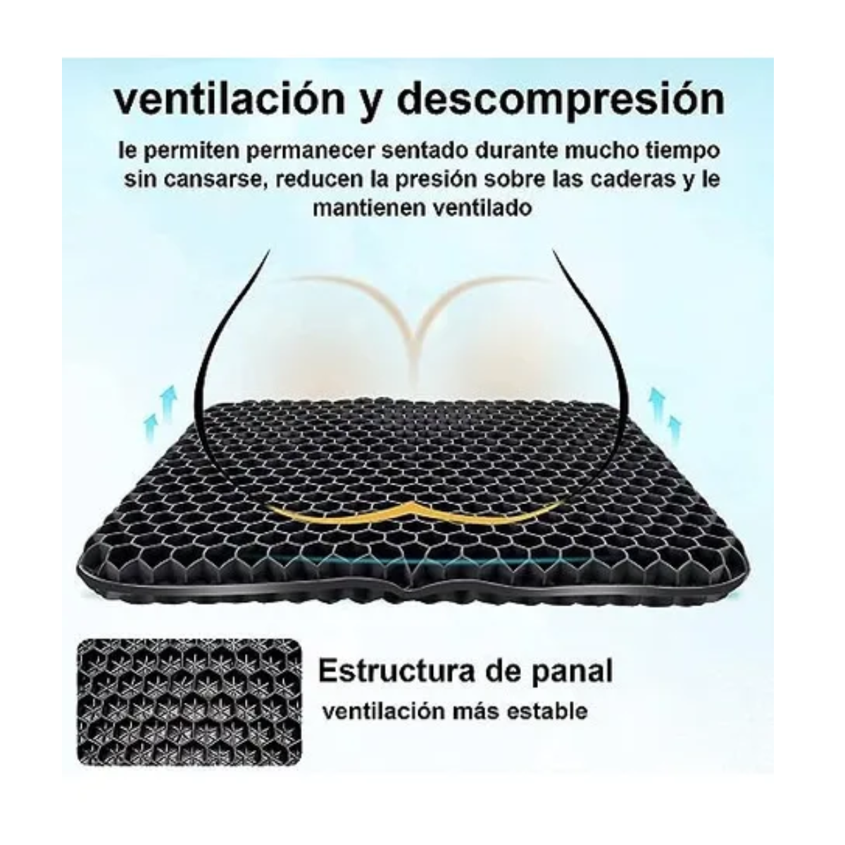 Cojín Gel Transpirable Ergonómico Forma Panal Suave Lavable Color Negro