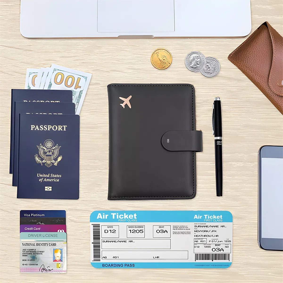Porta Pasaporte , Documentos Funda Protectora Viaje Negro