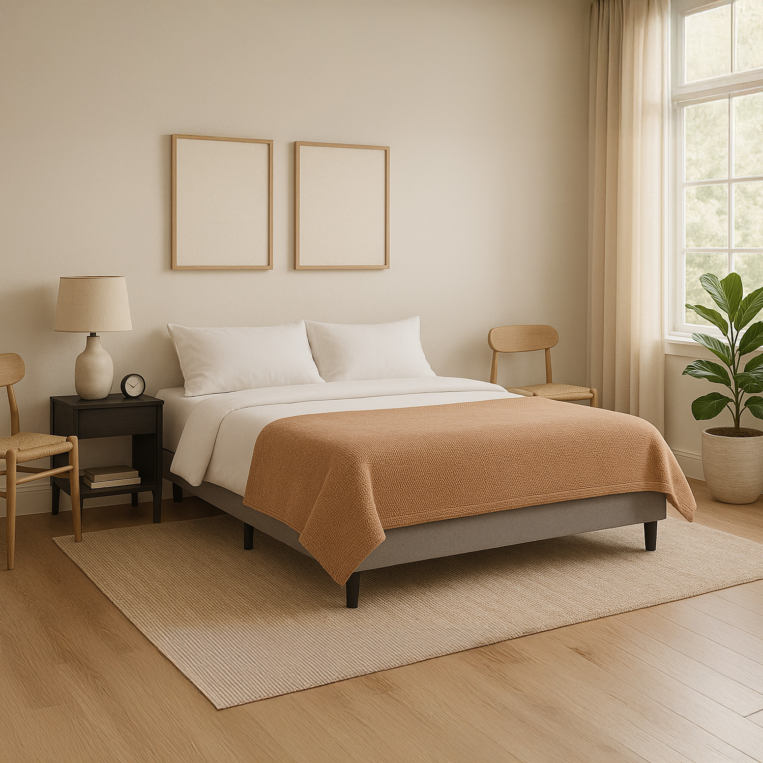 Base de cama matrimonial estilo moderno Condesa con estructura de metal y madera tapizada en tela gris