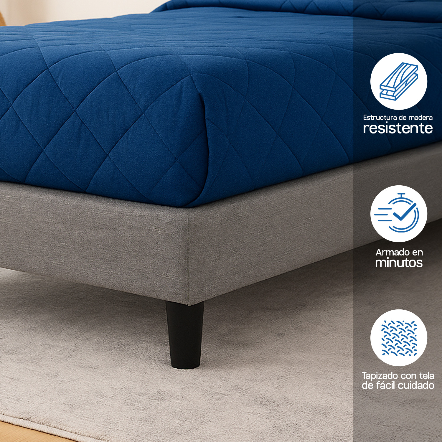 Base de cama matrimonial estilo moderno Condesa con estructura de metal y madera tapizada en tela gris